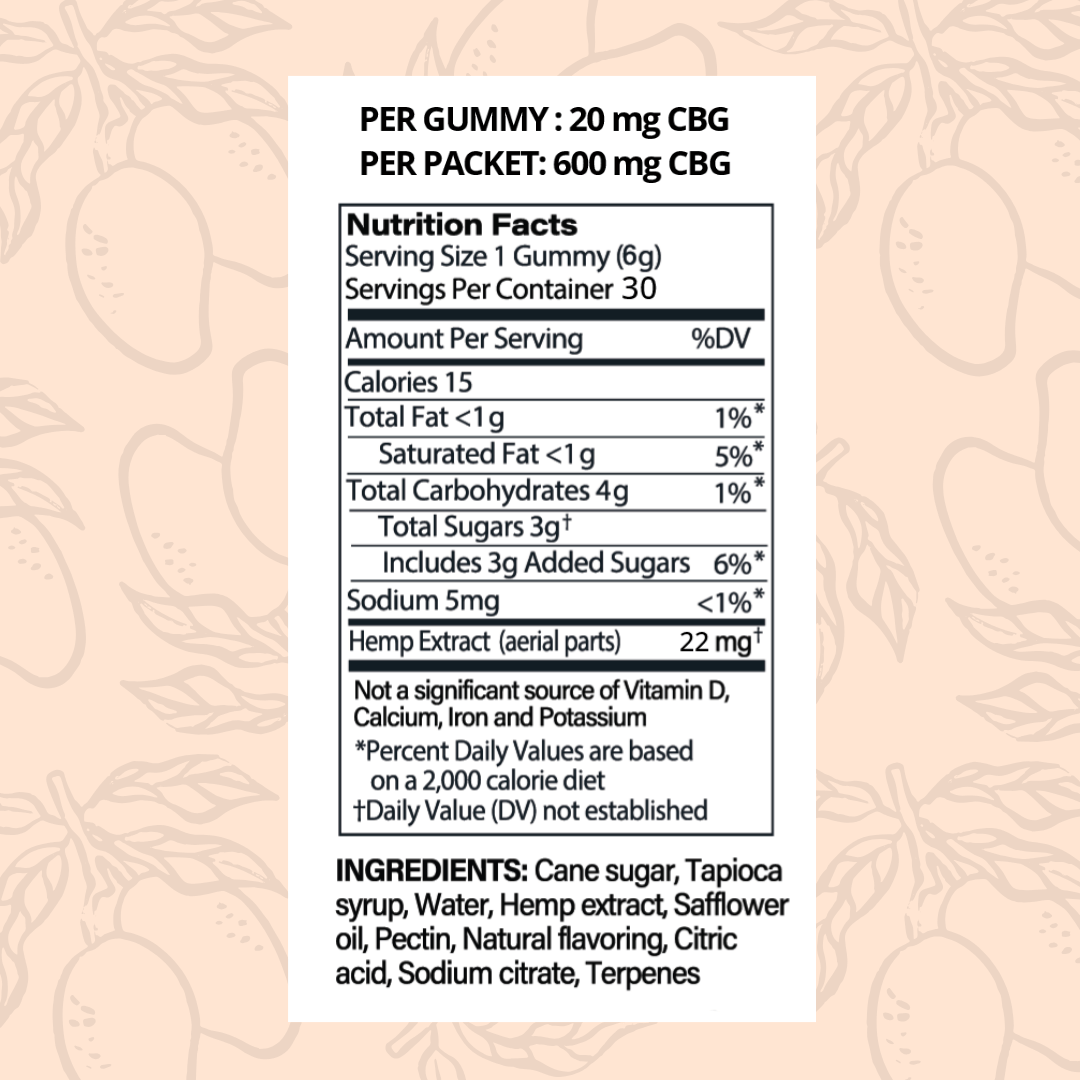 Nutrition facts label for happy vibes gummy product with CBG on a pink background