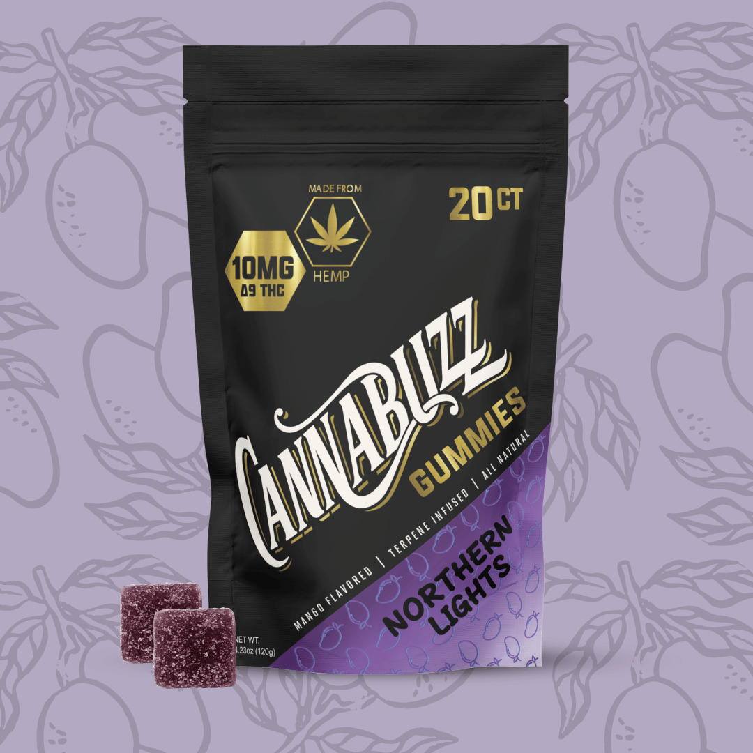 Cannabuzz northern lights gummies packaging with gummies on a purple background