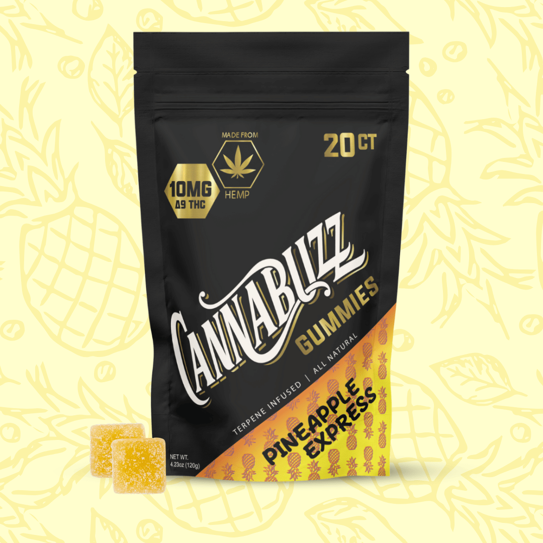 Cannabuzz Gummies Pineapple Express packaging on a yellow background with pineapple graphics.