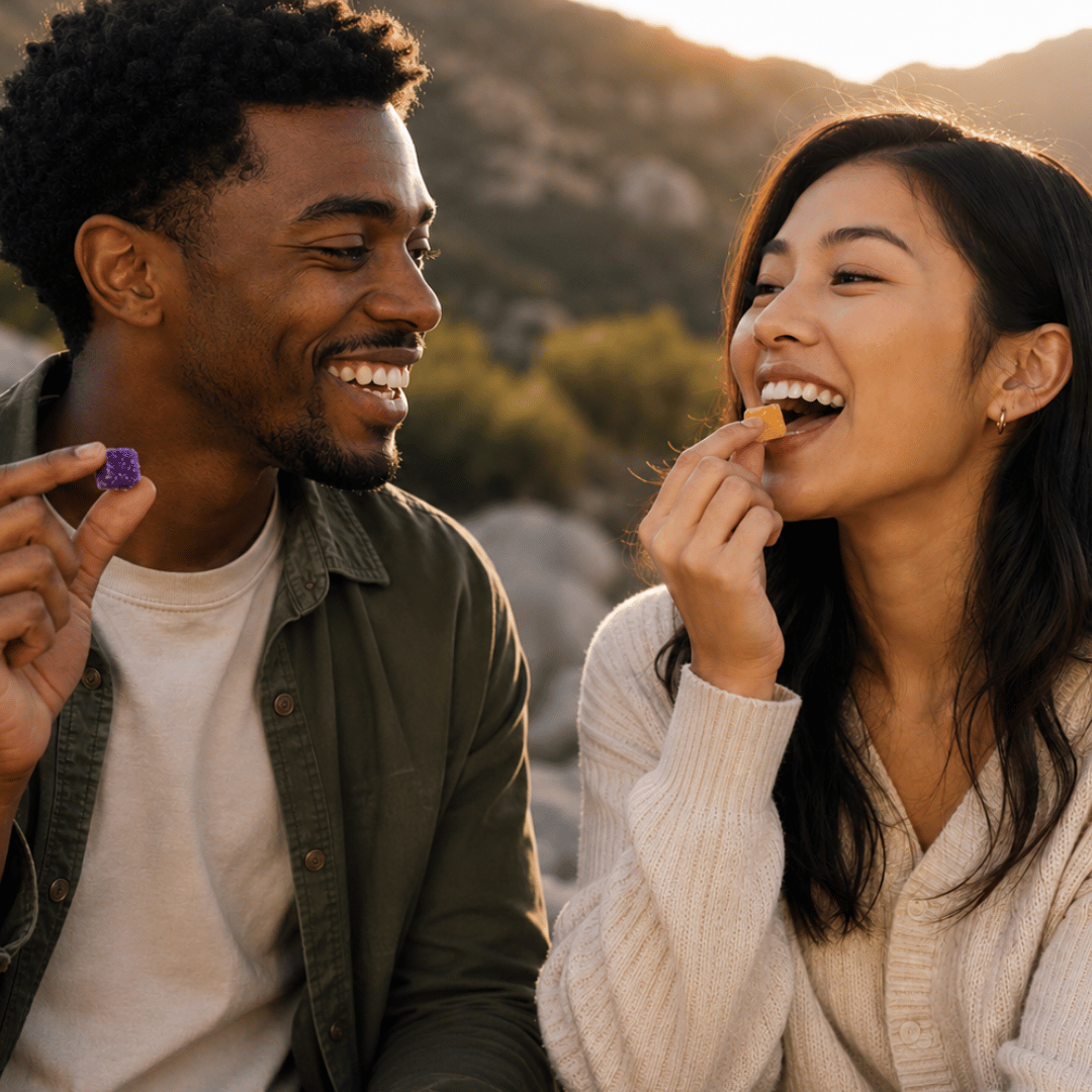 Two people enjoying a snack outdoors with a scenic background