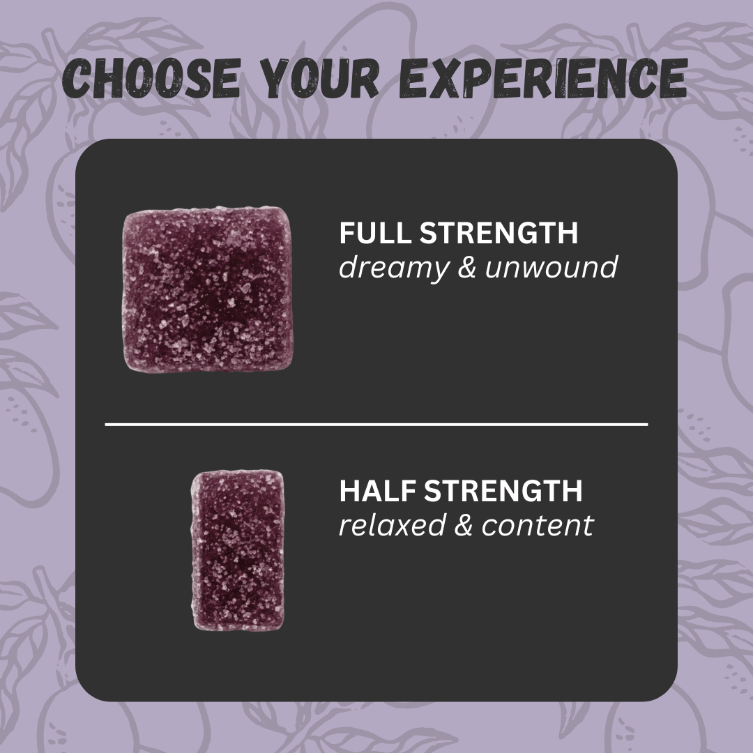 Two purple northern lights gummies on a black card with text indicating 'Full Strength' and 'Half Strength' on a purple background.