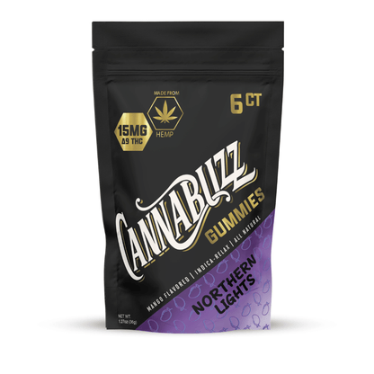 Cannabuzz 15mg Northern Lights gummies packaging with black and purple design on a white background