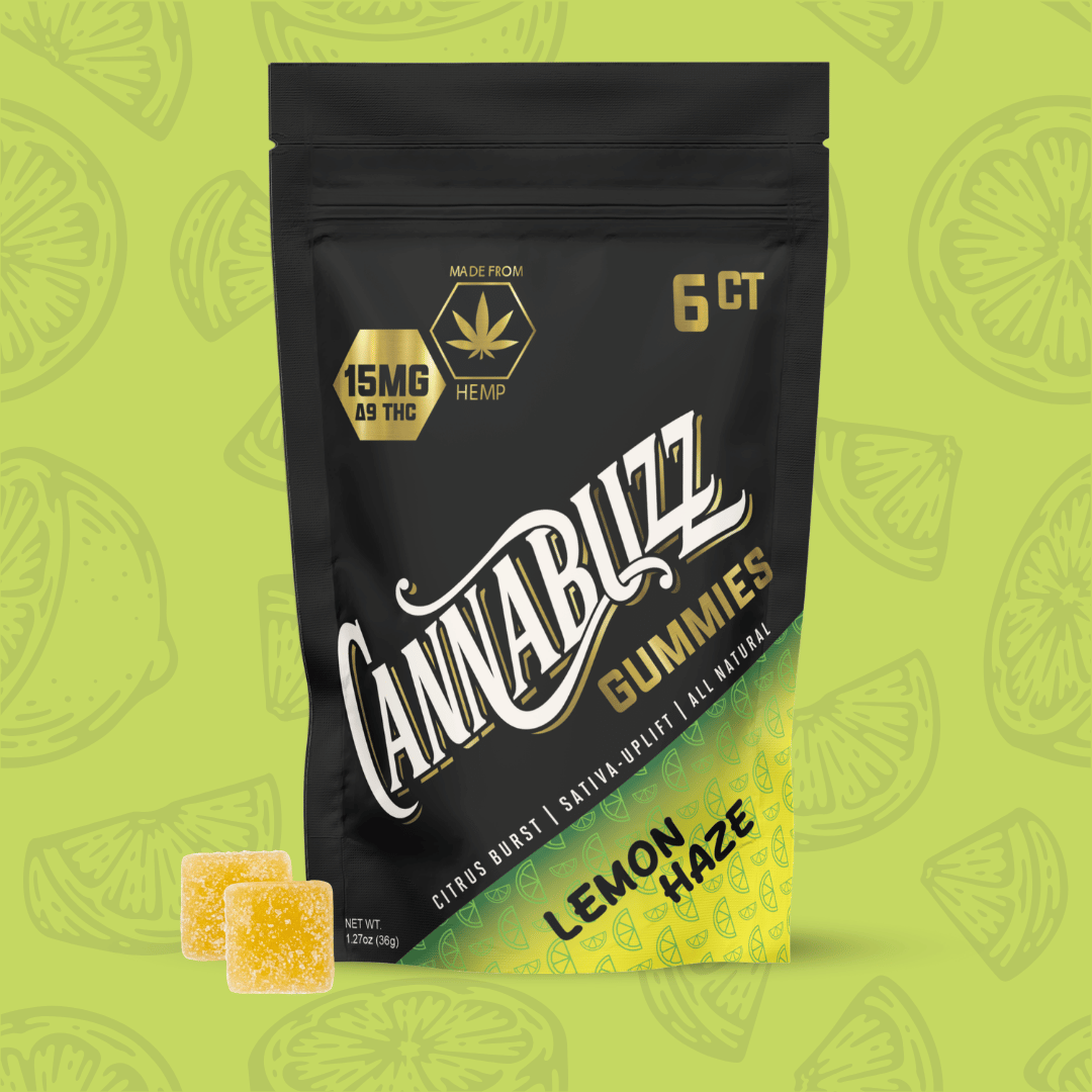Cannabuzz 15mg Lemon Haze Gummies package on a green background with lime wedge pattern