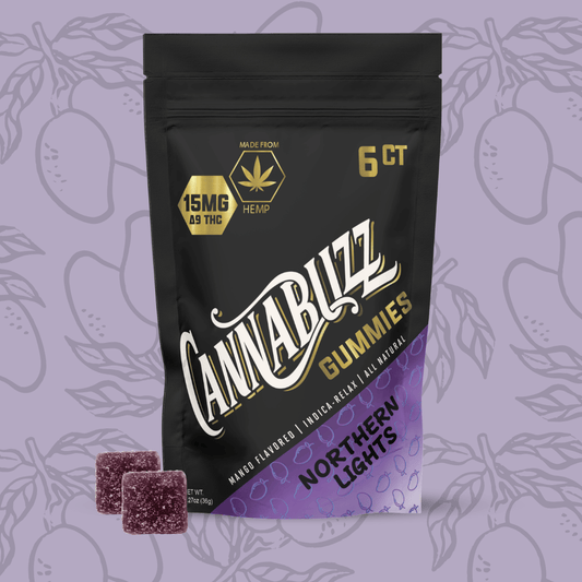 Cannabuzz 15mg Northern Lights gummies packaging with purple background