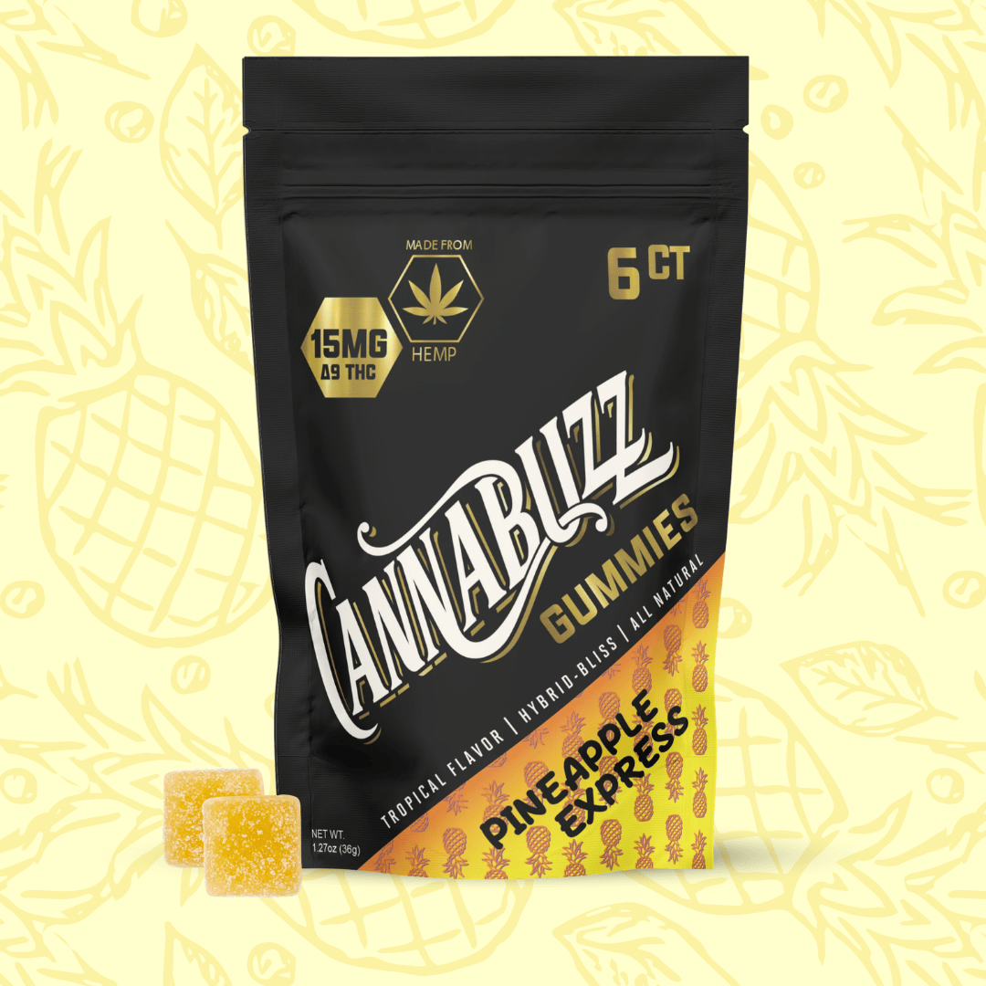 Cannabuzz 15MG Gummies Pineapple Express packaging on a yellow background with pineapple illustrations.
