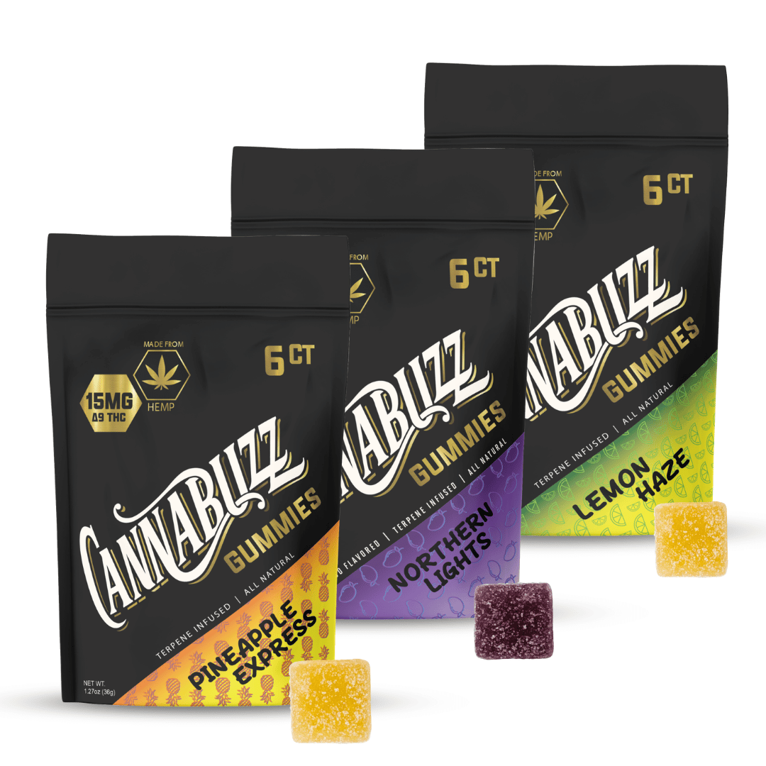 Cannabuzz variety pack gummies with gummies displayed in front on a white background