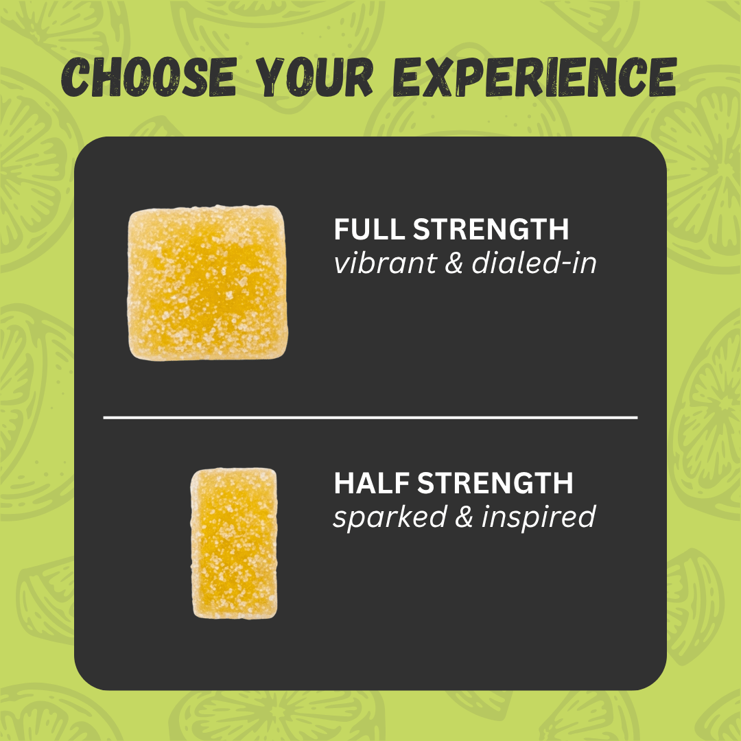 Two 15mg Lemon Haze gummies with text indicating 'Full Strength' and 'Half Strength' on a green background.