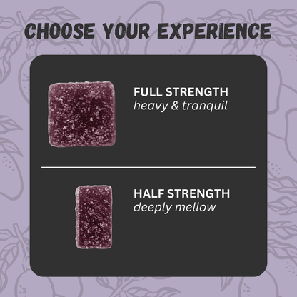 Two purple Northern Lights 15mg gummy bears with text indicating 'Full Strength' and 'Half Strength' on a black background.