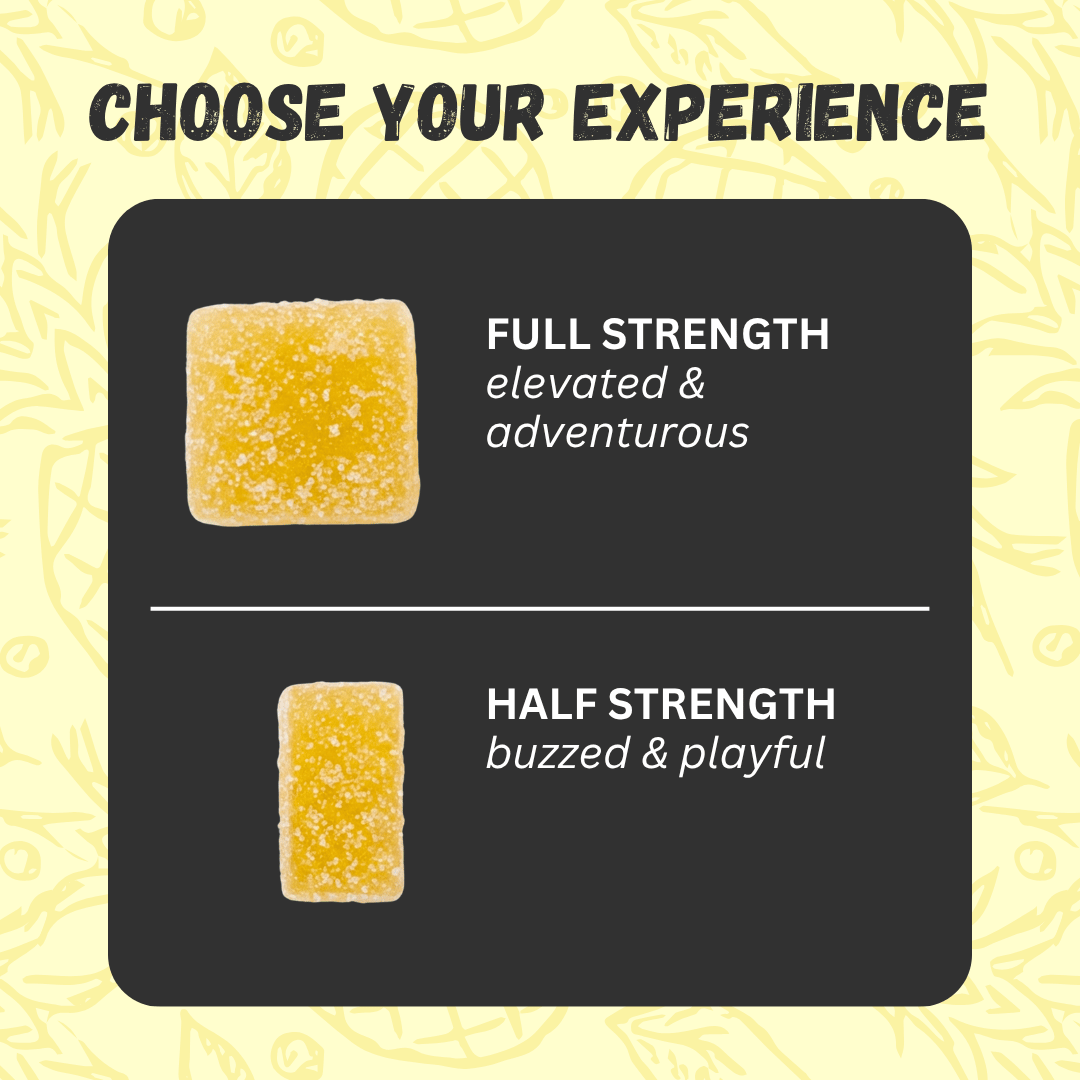 Two 15mg Pineapple Express gummies with text indicating full strength and half strength on a yellow background.