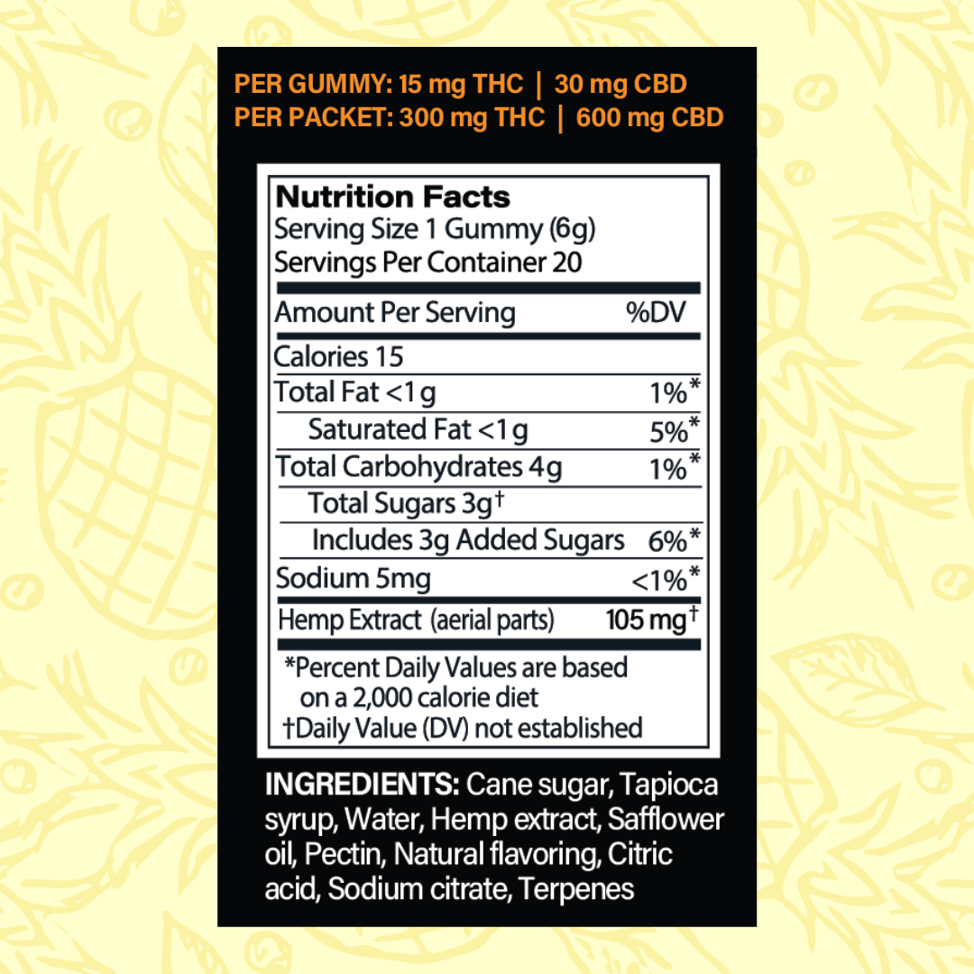 Nutrition facts label for 15mg Pineapple Express gummies with THC and CBD content on a yellow background