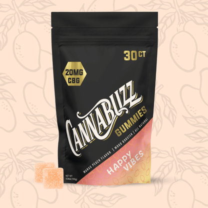 Cannabuzz 20mg CBG gummies packaging with a small gummy on a decorative background