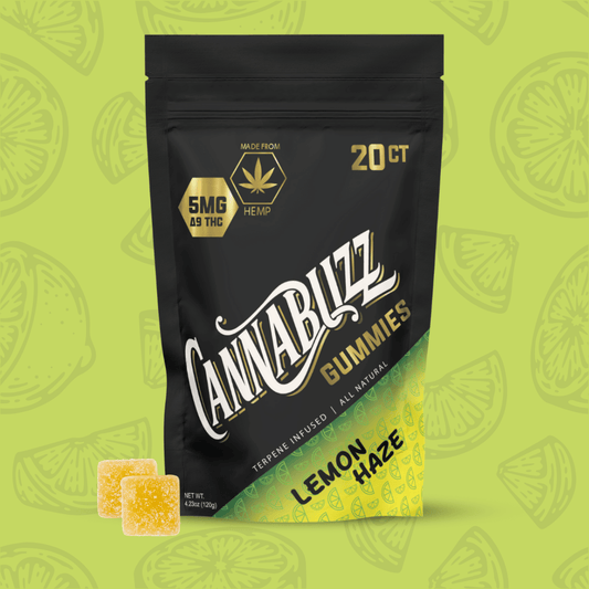 Cannabuzz Lemon Haze gummies packaging on a green background with lime slice pattern