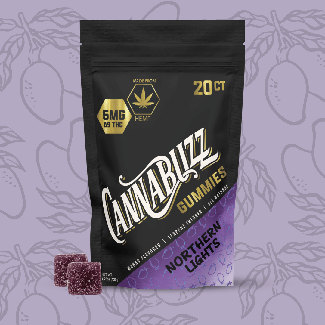 Cannabuzz gummies packaging with purple background and mango illustrations