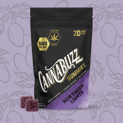 Cannabuzz gummies packaging with purple background and mango illustrations