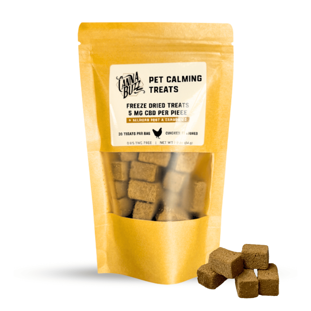 Package of Cannabuzz pet calming treats with visible treats on a white background