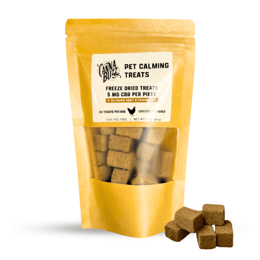 Package of Cannabuzz pet calming treats with visible treats on a white background