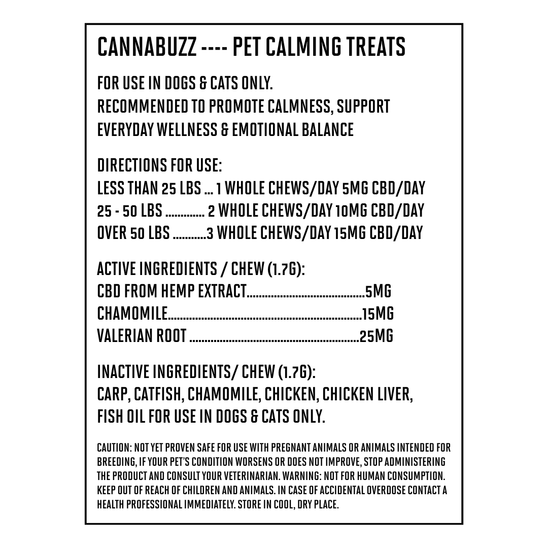 Label for Cannabuzz Pet Calming Treats with directions and ingredients on a white background