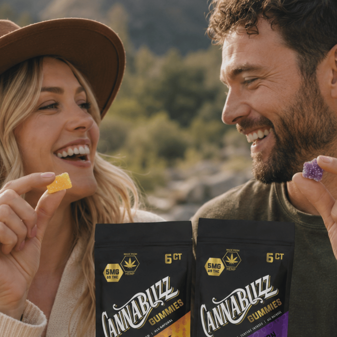 Two people outdoors holding Cannabuzz gummies and packages.