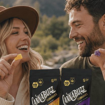 Two people outdoors holding Cannabuzz gummies and packages.