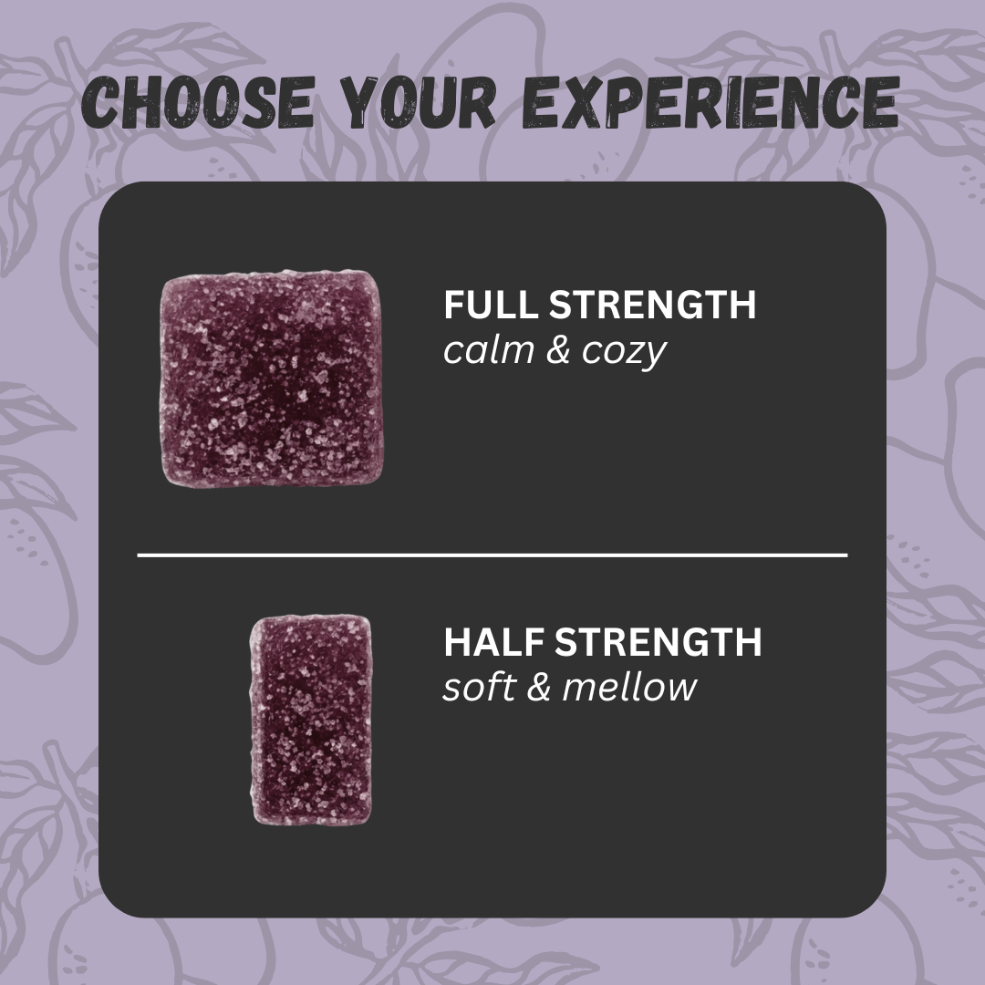 Two northern lights gummies on a black card with text indicating 'Full Strength' and 'Half Strength' on a purple background.