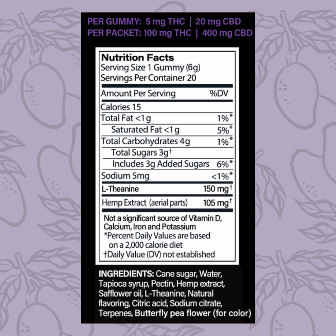 Nutrition facts label and ingredients list for northern lights gummies on a purple background.