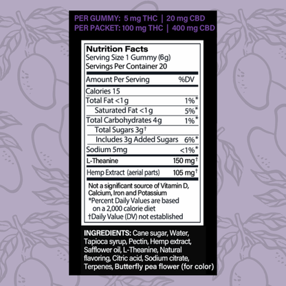 Nutrition facts label and ingredients list for northern lights gummies on a purple background.