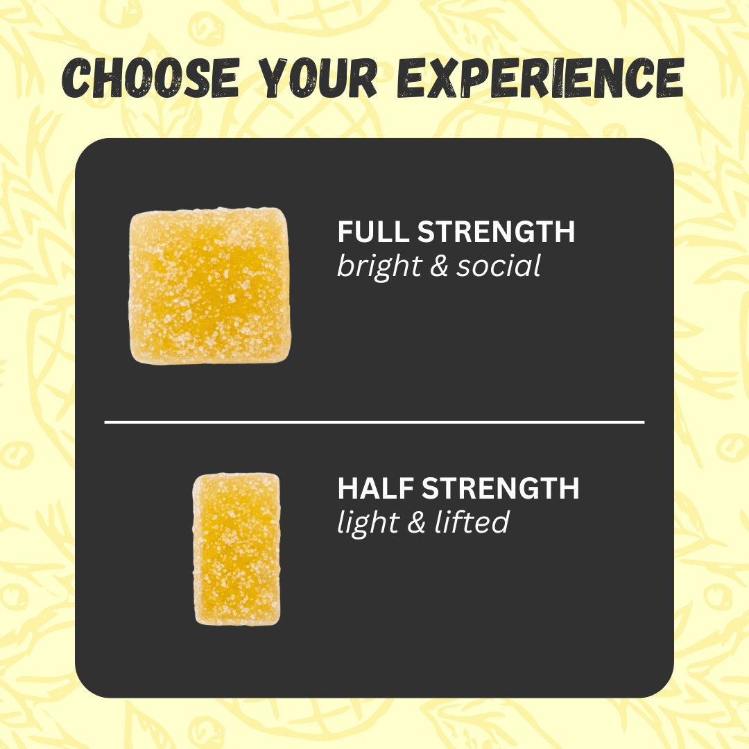 Two Pineapple Express gummies with text indicating 'Full Strength' and 'Half Strength' on a yellow background.