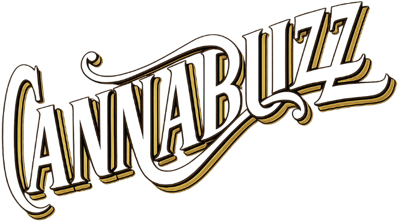 Cannabuzz logo in gold and white horizontal script
