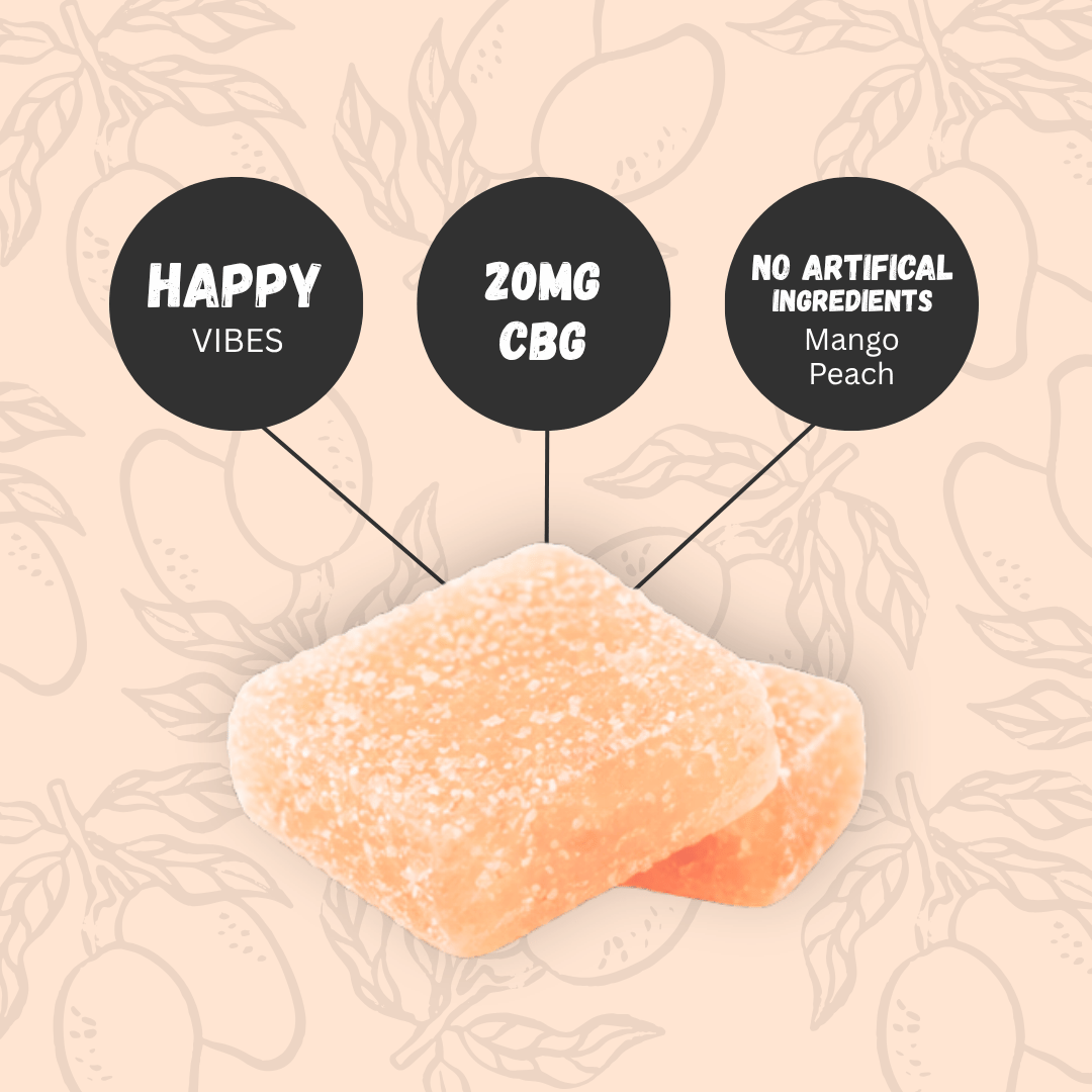 Happy Vibes CBG gummies with informational text on a patterned background