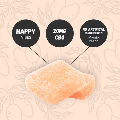 Happy Vibes CBG gummies with informational text on a patterned background