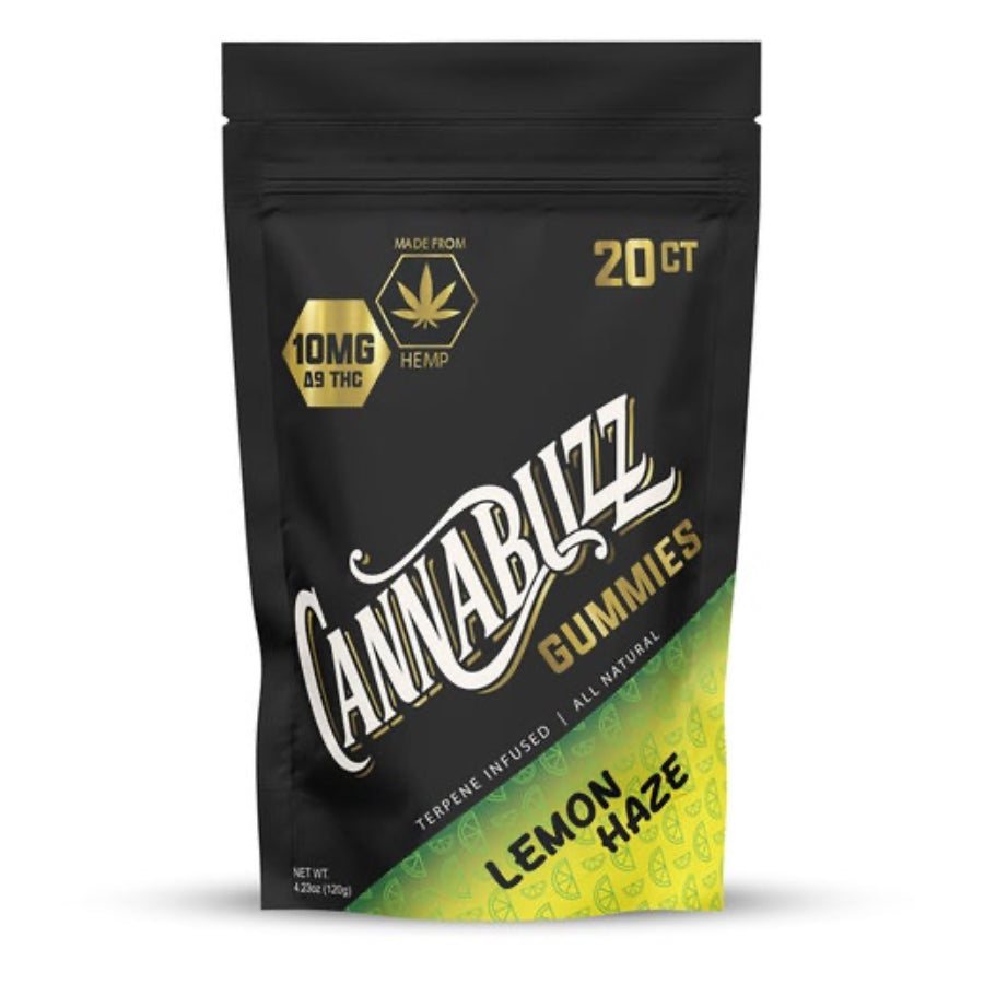 Cannabuzz Lemon Haze 10mg Gummies packaging with black and green design on a white background