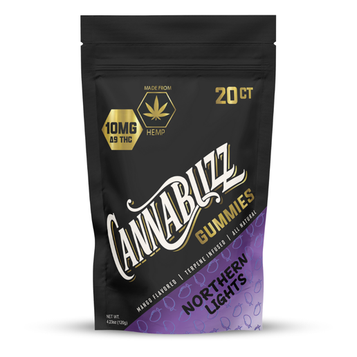 Cannabuzz gummies packaging with black and purple design on a white background