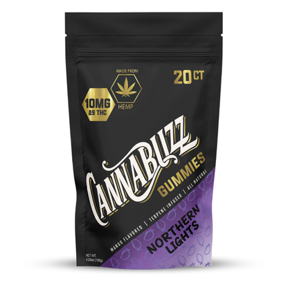 Cannabuzz gummies packaging with black and purple design on a white background