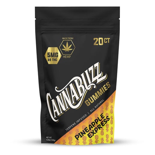 Cannabuzz gummies packaging with black and orange design on a white background