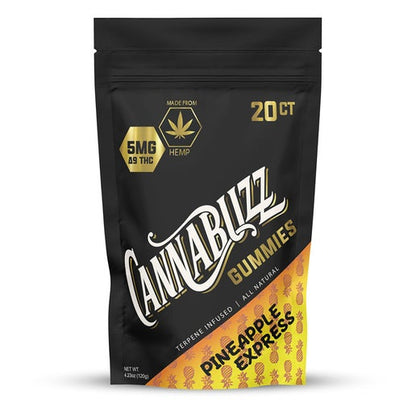 Cannabuzz gummies packaging with black and orange design on a white background