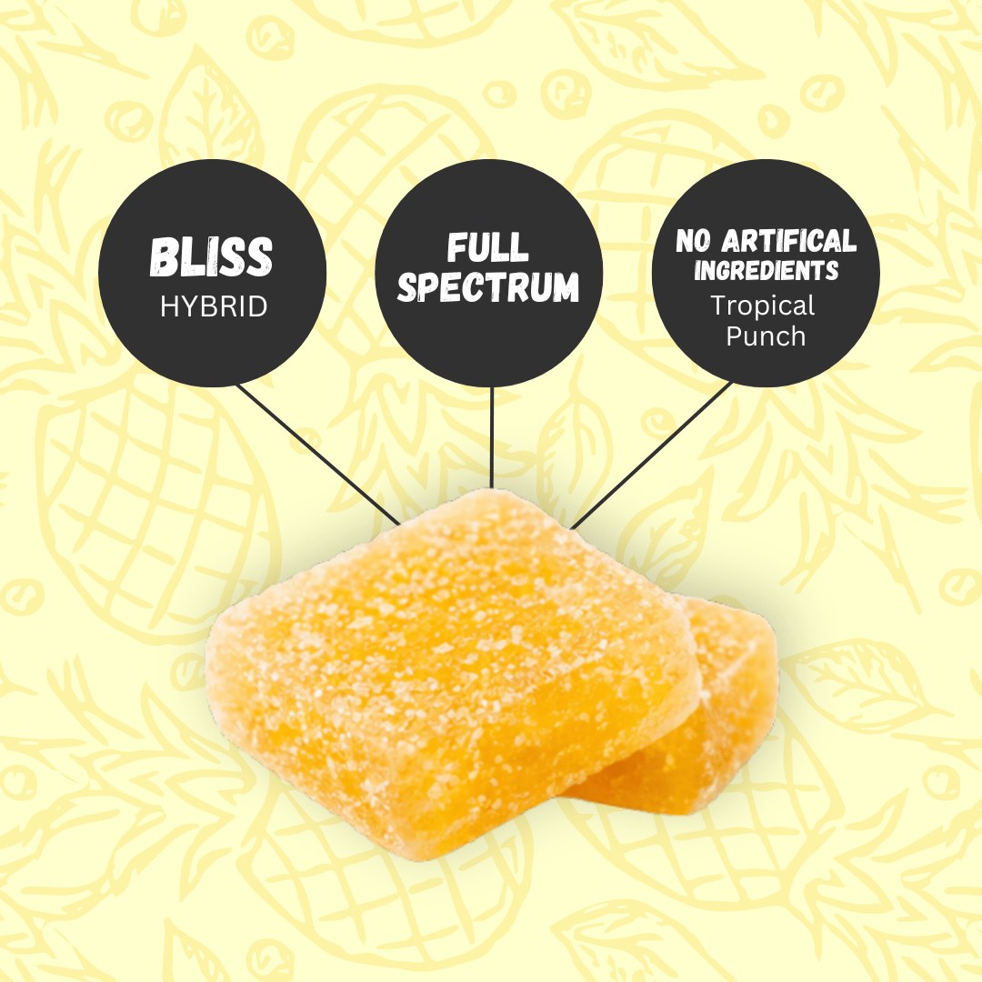 Two Pineapple Express gummies with product information