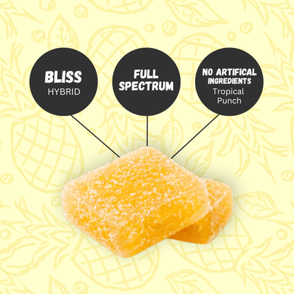 Two Pineapple Express gummies with product information